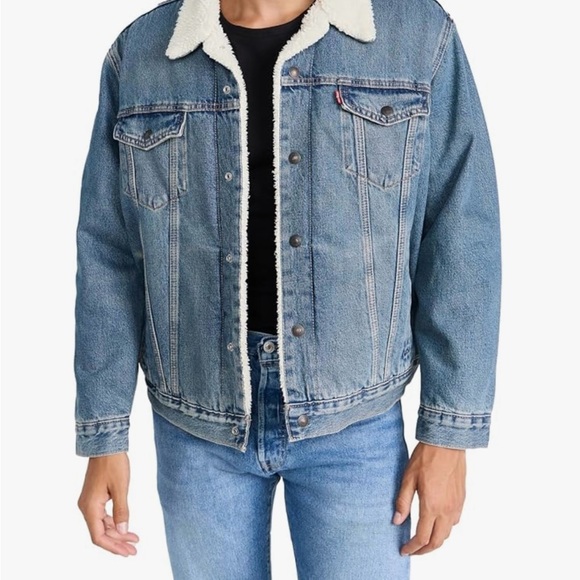 NWOT MENS LEVIS DENIM JACKET SHERPA LINED TRUCKER BLUE SIZE MEDIUM - Picture 1 of 9
